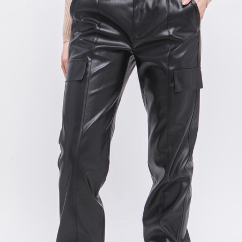 Women’s Black Faux Leather Cargo Pants - Picture 2 of 4